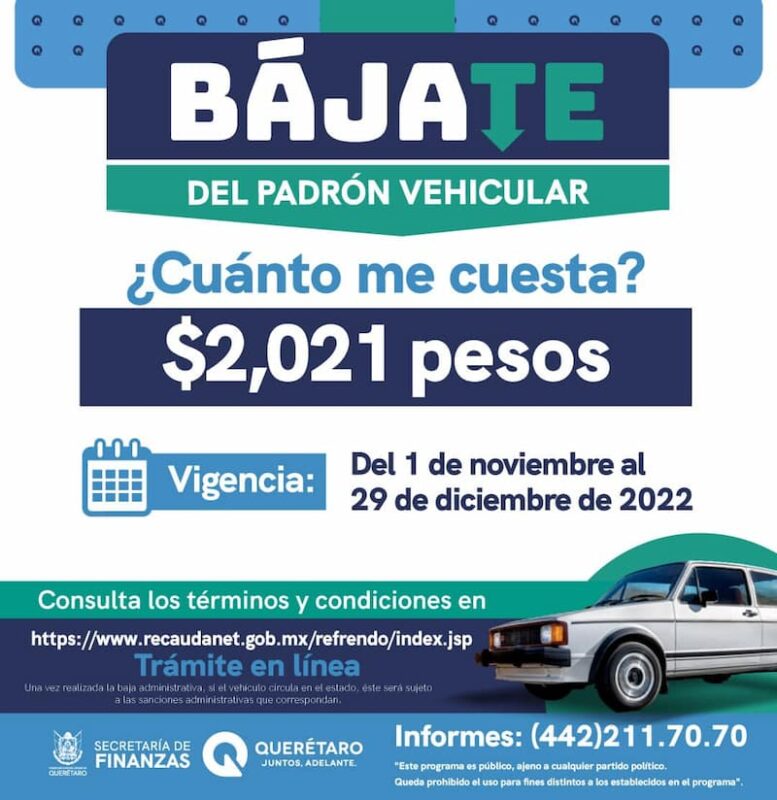 Secretaría de Finanzas extiende programa Bájate del Padrón Vehicular en Querétaro